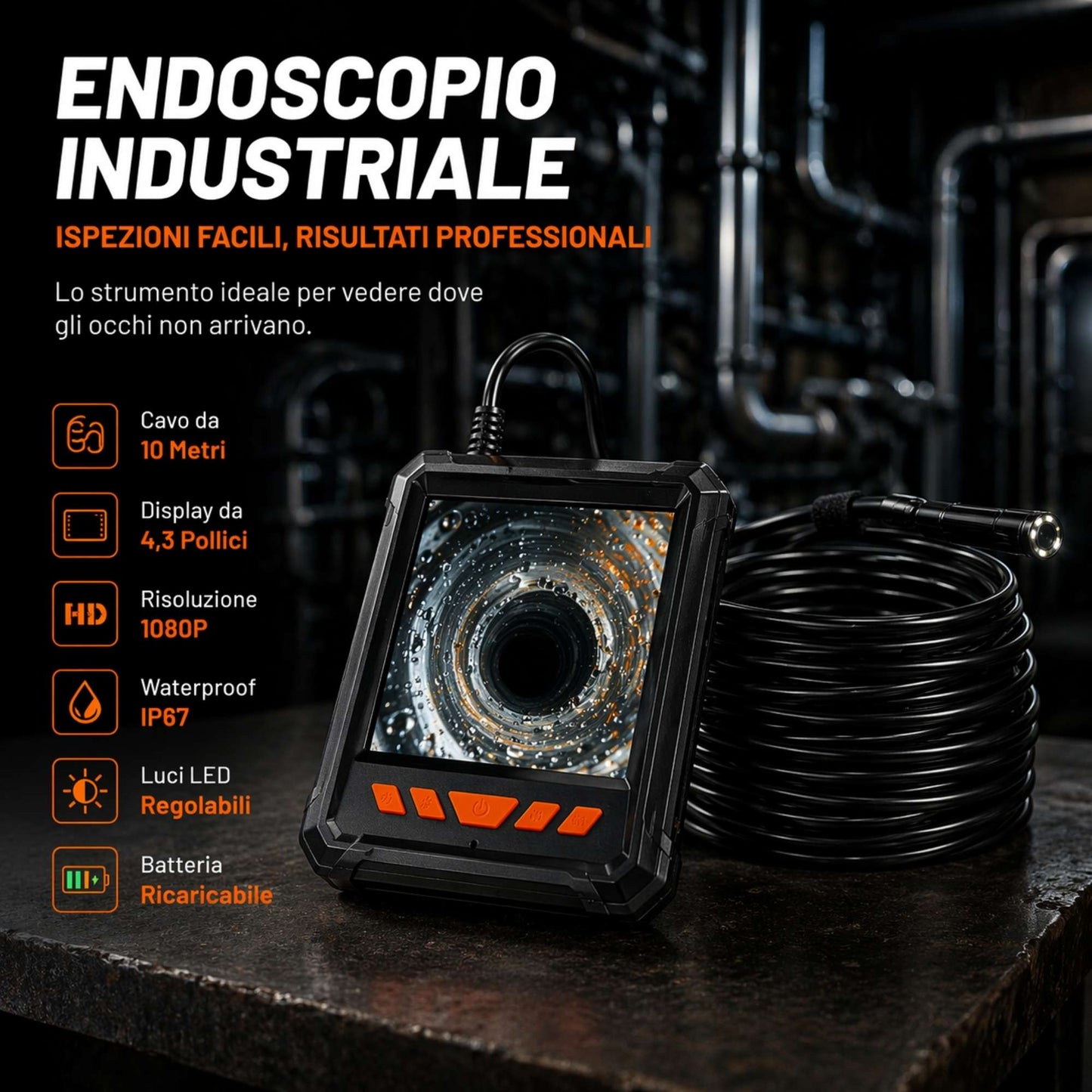 Endoscopio 10m 1080P HD Telecamera Ispezione Display 4,3" LCD IP67 LED
