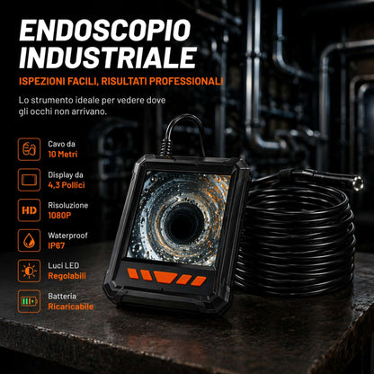 Endoscopio 10m 1080P HD Telecamera Ispezione Display 4,3" LCD IP67 LED