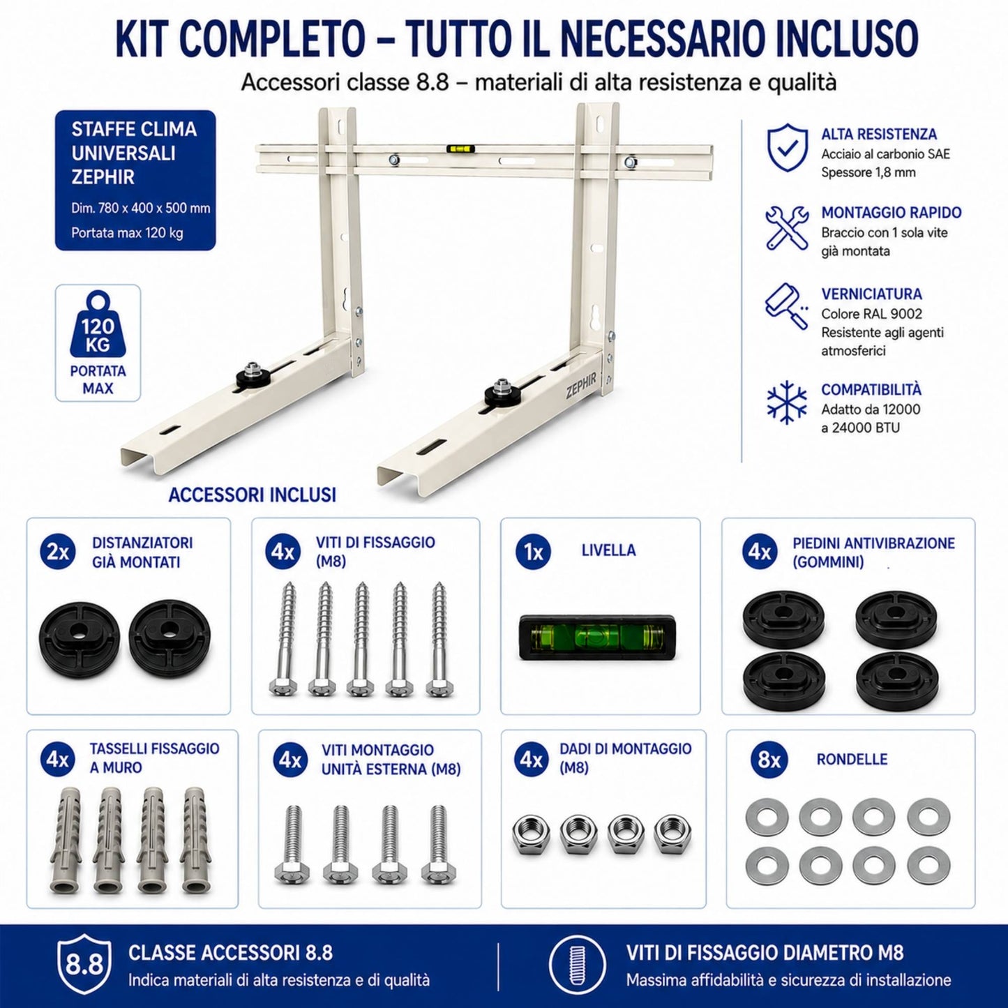 Staffe Condizionatore 120Kg 780x400x450 Montaggio Rapido Antivibrazione