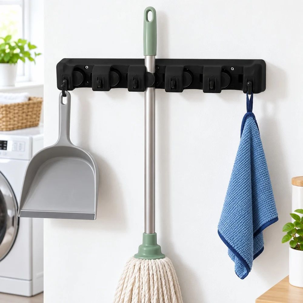 Portascope da Parete 5 Posti 6 Ganci Pieghevoli Portautensili Nero 40,5 cm