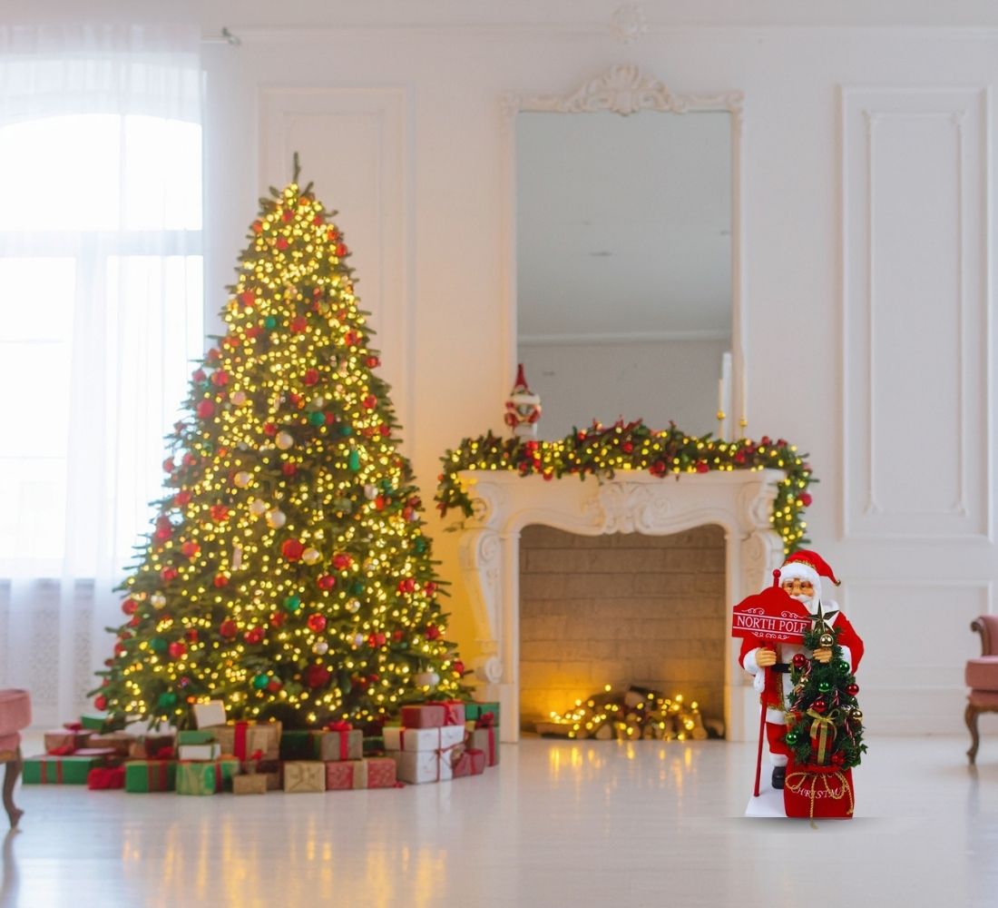 Babbo Natale 65 Cm Con Albero Addobato Luci E Suoni Realistico Statua Natalizia