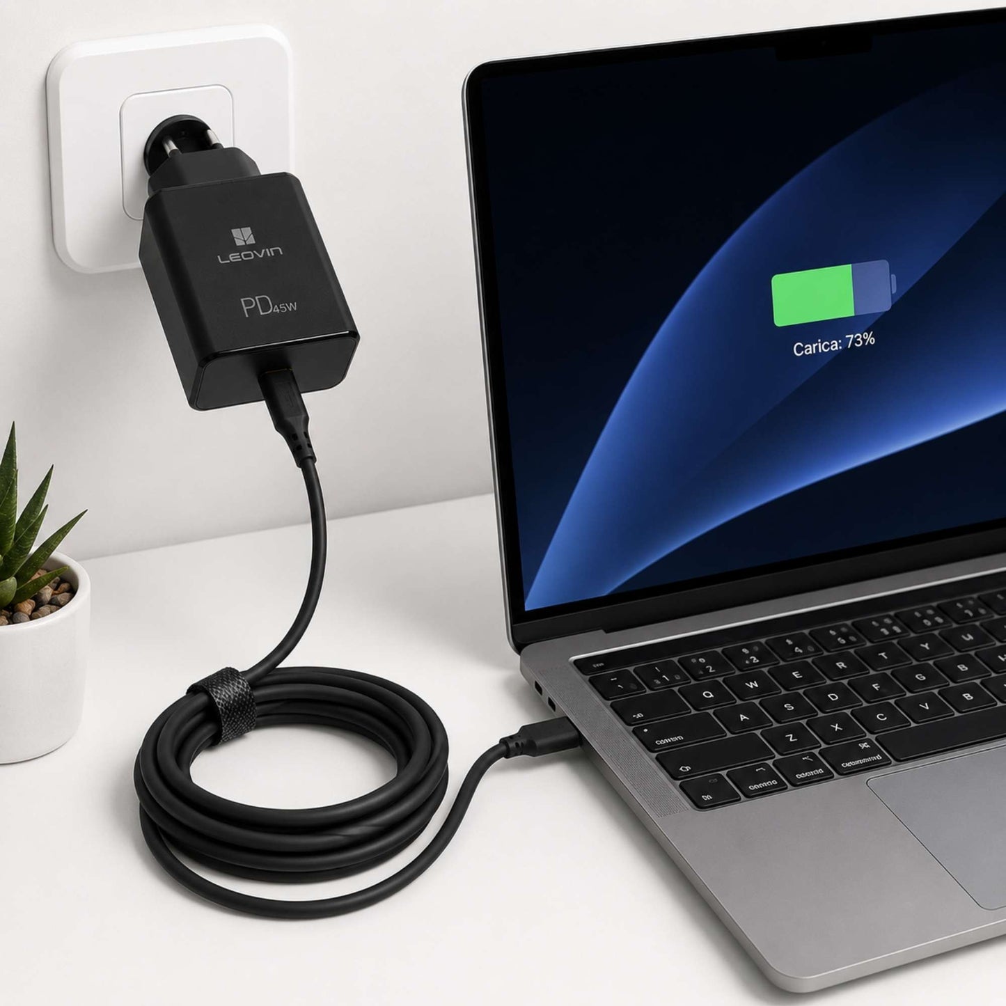 Caricatore USB-C PD 45W Ricarica Rapida con Cavo Type-C 2m per Laptop Smartphone