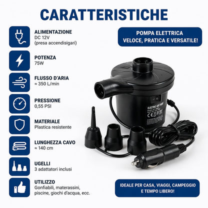 Pompa Elettrica 12V Auto Gonfiabili Materassini Piscina Gonfiatore 3 Ugelli