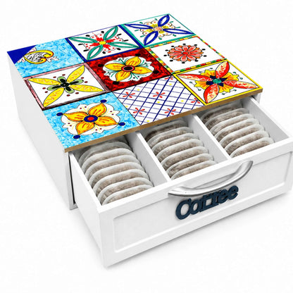 Cassetto Porta Cialde Caffè 3 Scomparti Legno Bianco Maioliche Fiori 30x30x10 cm