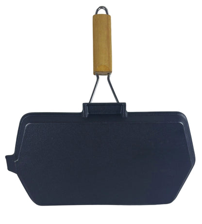 Bistecchiera in Ghisa Rettangolare 35 x 21 cm Antiaderente Manico in Legno
