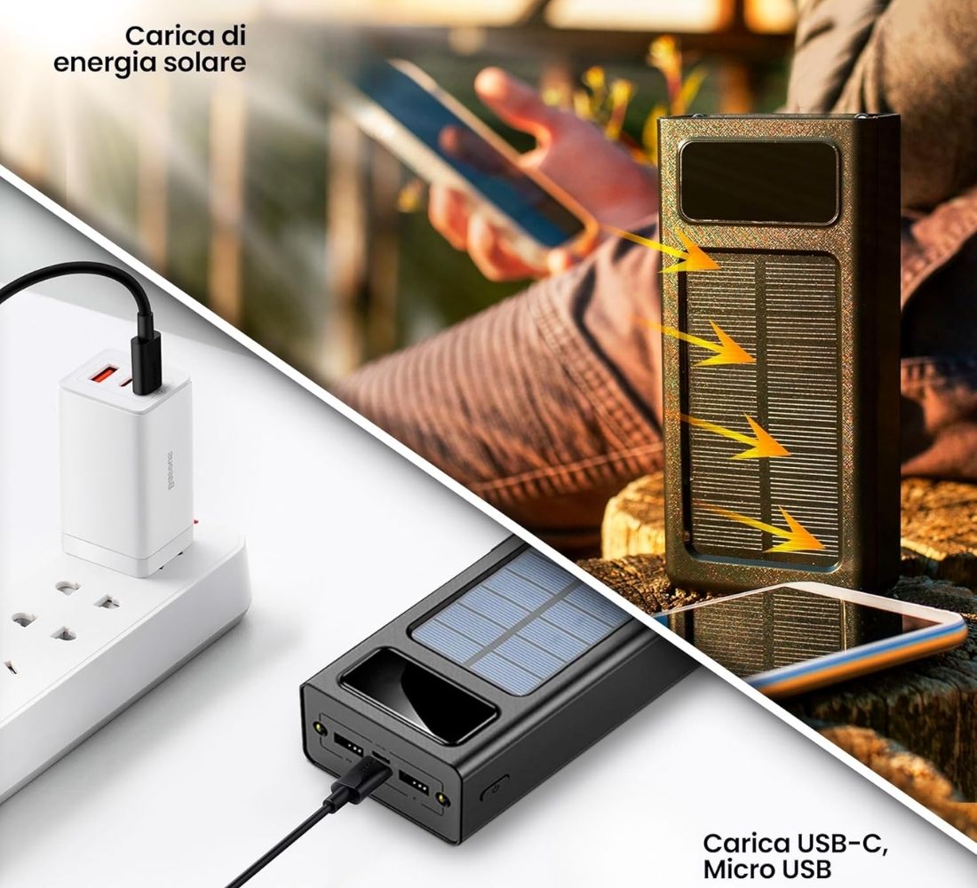 Power Bank Solare 50000 mAh Impermeabile Ricarica Rapida 4 Cavi USB Luce LED