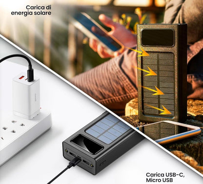 Power Bank Solare 50000 mAh Impermeabile Ricarica Rapida 4 Cavi USB Luce LED