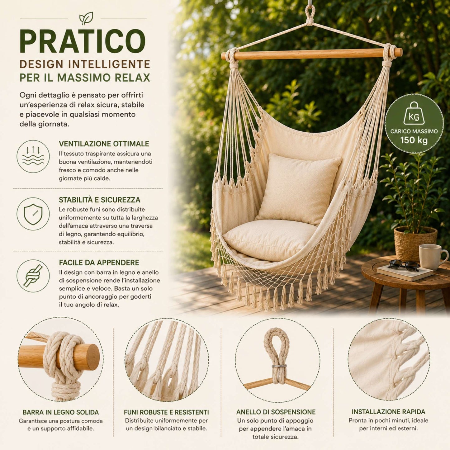 Amaca Poltrona Sospesa Brasiliana Cotone Ecrù Sedia Dondolo Giardino 130 x 97cm