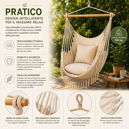 Amaca Poltrona Sospesa Brasiliana Cotone Ecrù Sedia Dondolo Giardino 130 x 97cm
