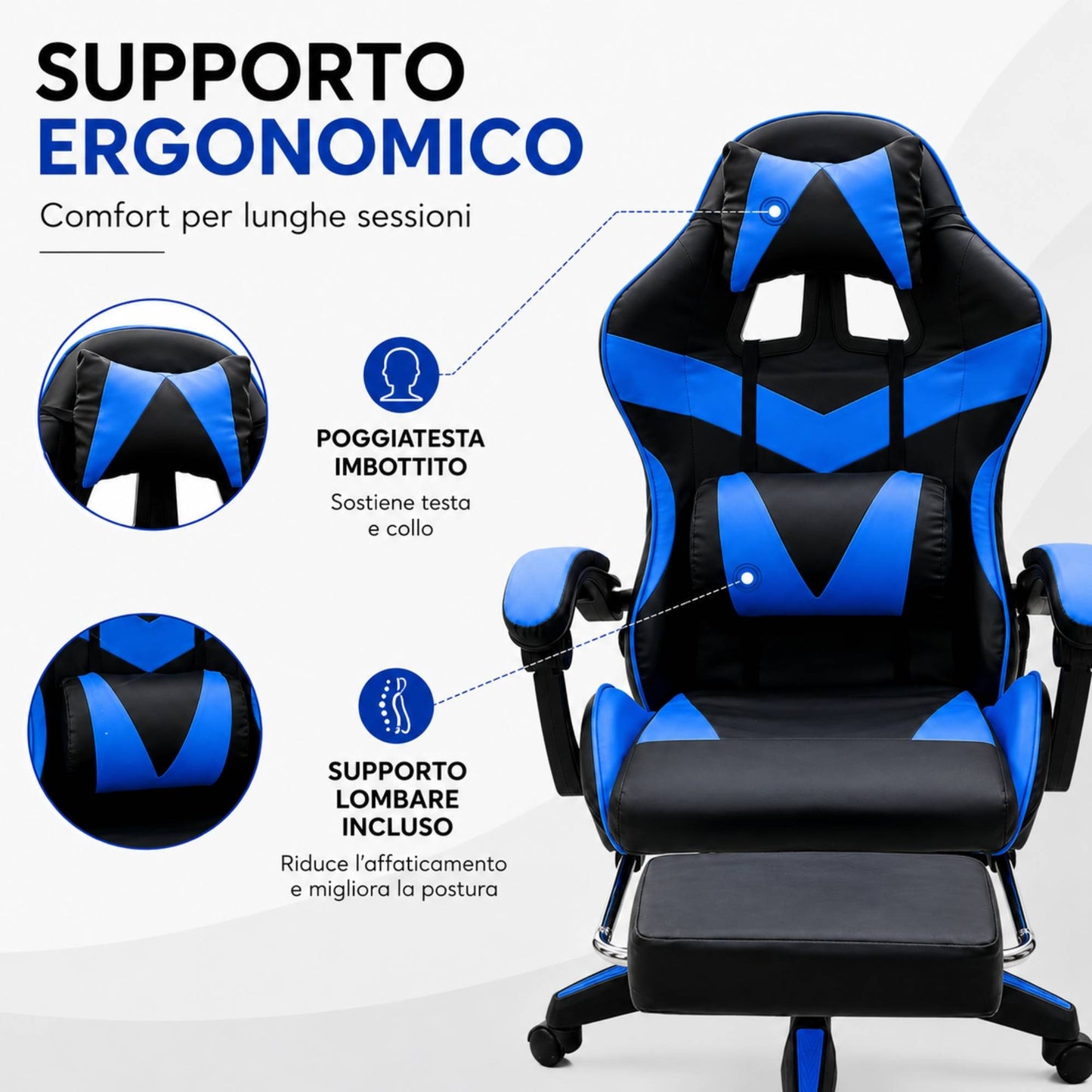 Sedia Gaming Poltrona Scrivania Ufficio Casa Reclinabile Poggiapiedi Blu/Black