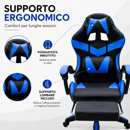 Sedia Gaming Poltrona Scrivania Ufficio Casa Reclinabile Poggiapiedi Blu/Black