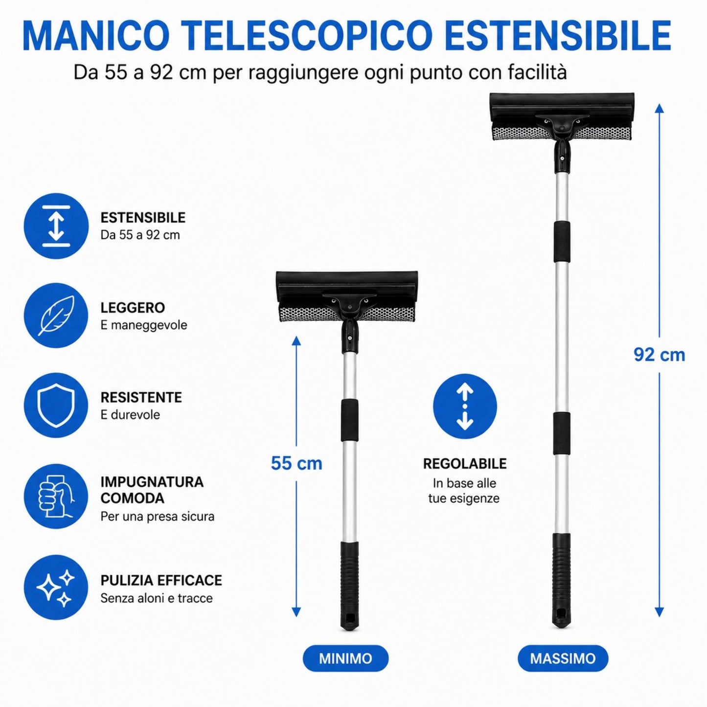 Fair Lavavetri Manuale con Manico Telescopico Tergivetro Estensibile da 55 a 92 Cm