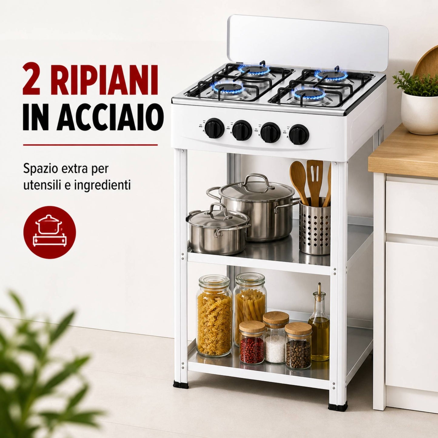 Fornello Gas 4 Fuochi con Ripiani Acciaio Cucina Esterno Mobile Compatto Bianco