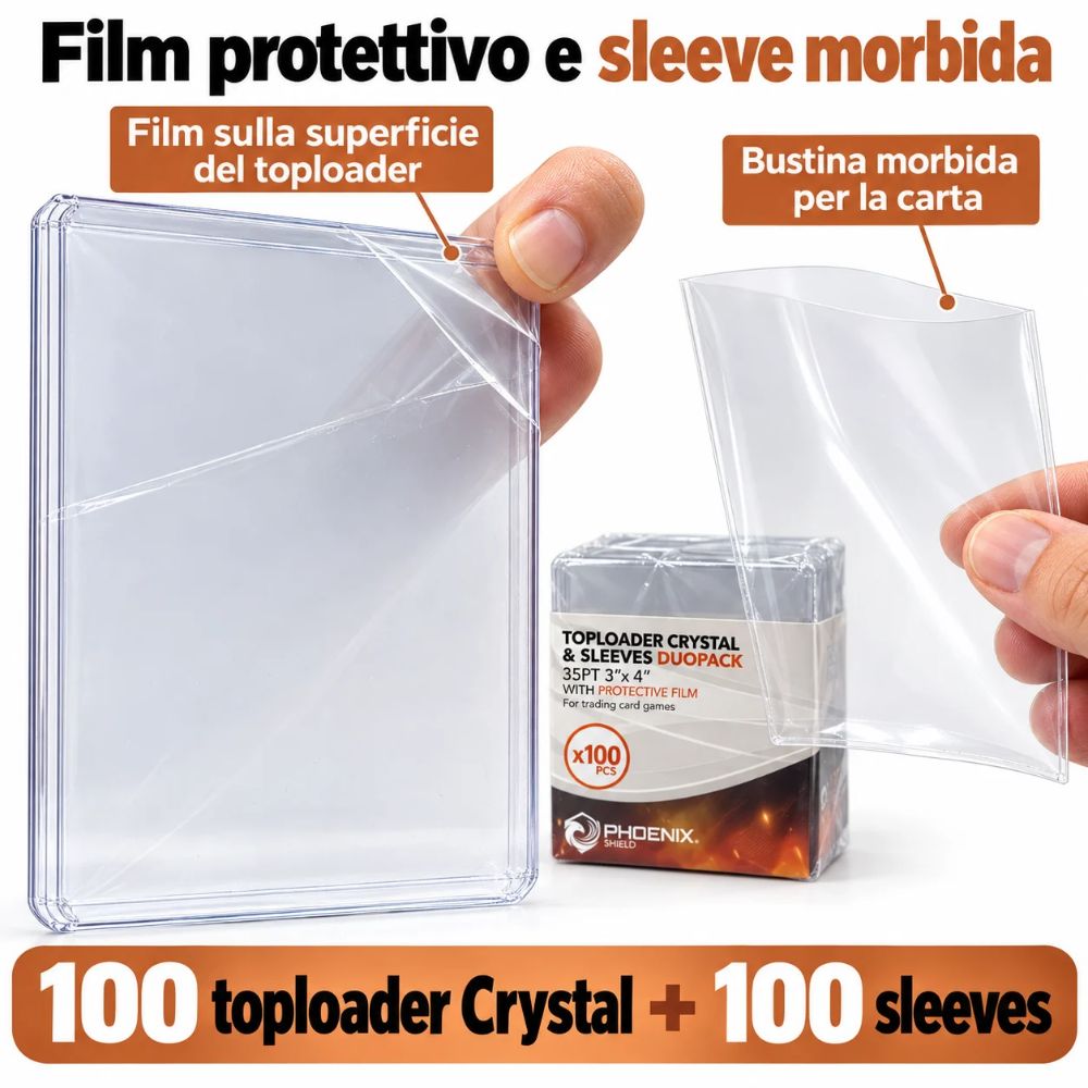 100 Toploader Crystal + 100 Sleeves Proteggi Carte Pokemon TCG Phoenix Shield