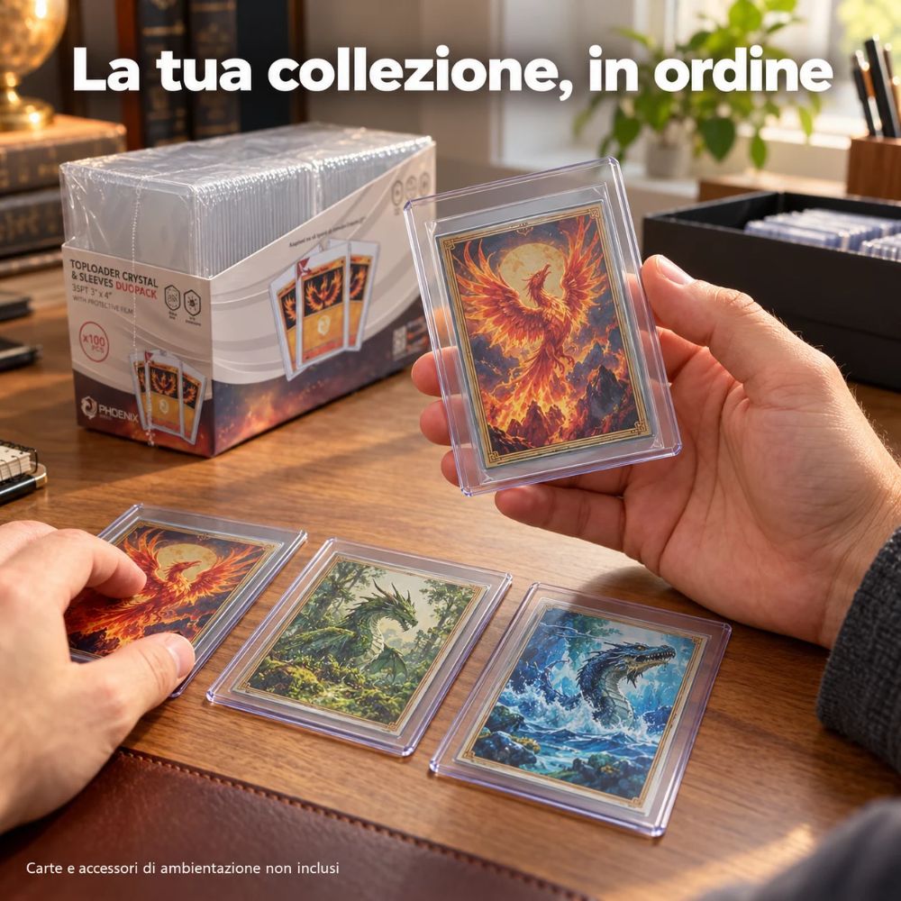 100 Toploader Crystal + 100 Sleeves Proteggi Carte Pokemon TCG Phoenix Shield