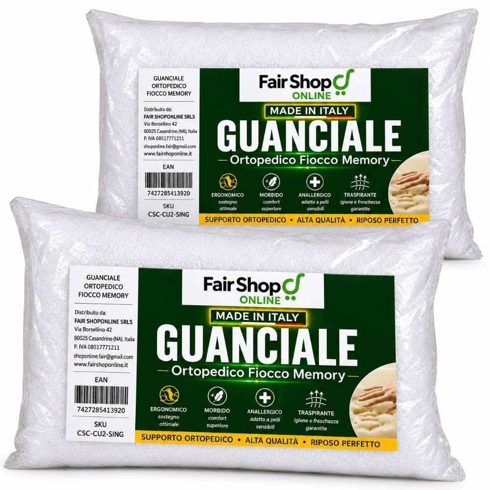 Coppia Cuscino Fiocco Memory Guanciale Ortopedico Anallergico 74X42 H 16 cm