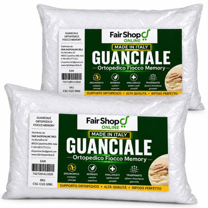 Coppia Cuscino Fiocco Memory Guanciale Ortopedico Anallergico 74X42 H 16 cm