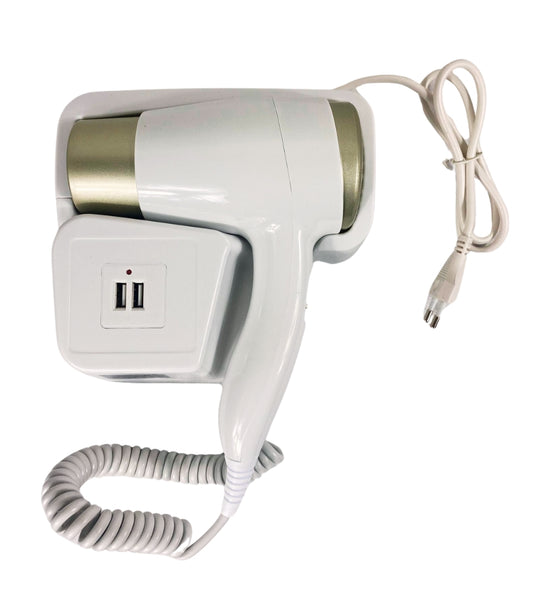 Asciugacapelli da Parete Phon da Muro 2 USB 5V Hotel Bagno Casa Bianco 1200W