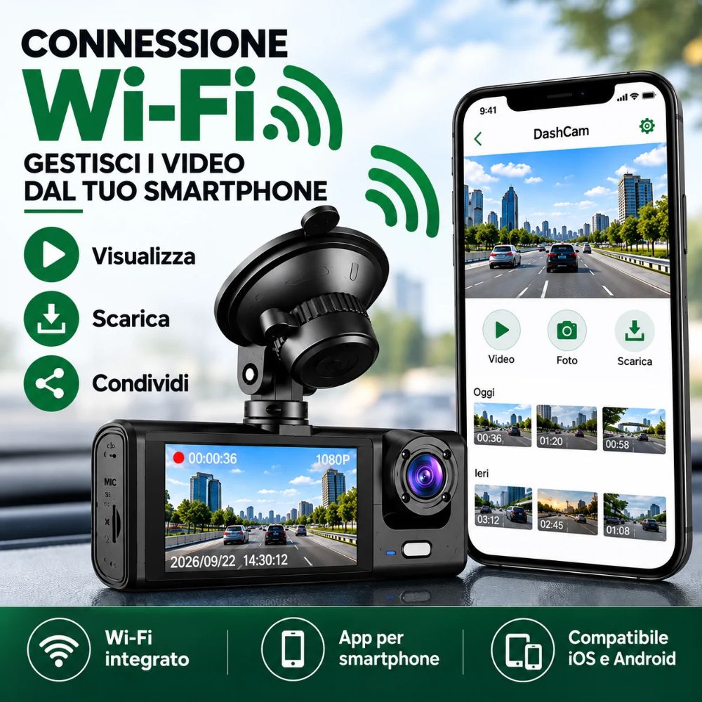 Dashcam Auto 3 Telecamere 1080P WiFi G-Sensor con Camera Posteriore e Ventosa