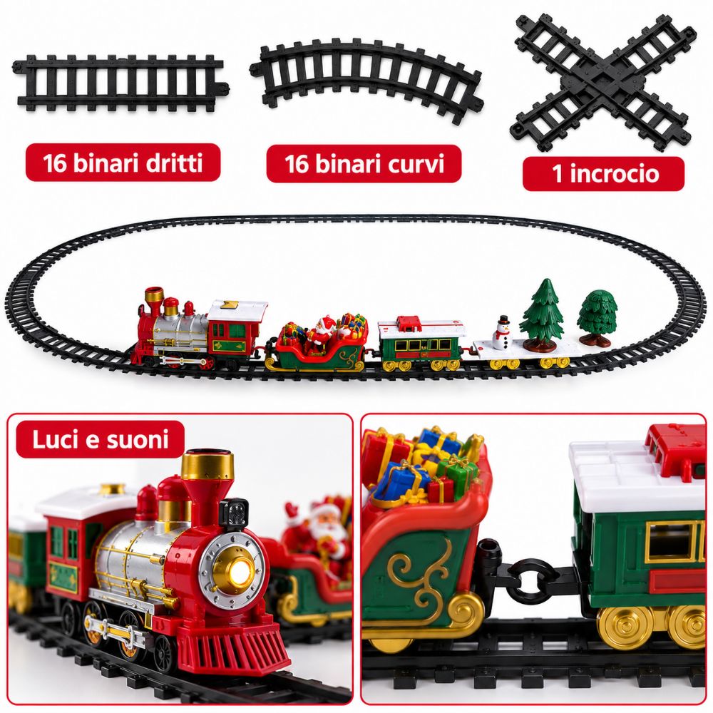Trenino Natalizio Sotto Albero Luci Suoni Babbo Natale Pista Ovale 102x46 cm