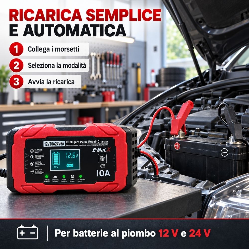 Caricabatteria Auto Moto Mantenitore Carica Professionale 12 / 24V Portatile