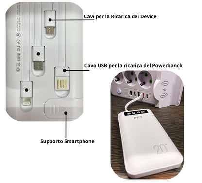 Power Bank 20000 mAh Caricabatterie Portatile Alta Velocità 4 Cavi USB Luce LED
