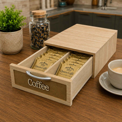 Cassetto Porta Cialde Caffè Legno Chiaro 2 Scomparti 30x20x10cm Maniglia Coffee