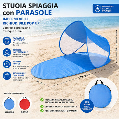 Stuoia Spiaggia con Parasole Impermeabile Richiudibile Pop Up per Mare con Borsa