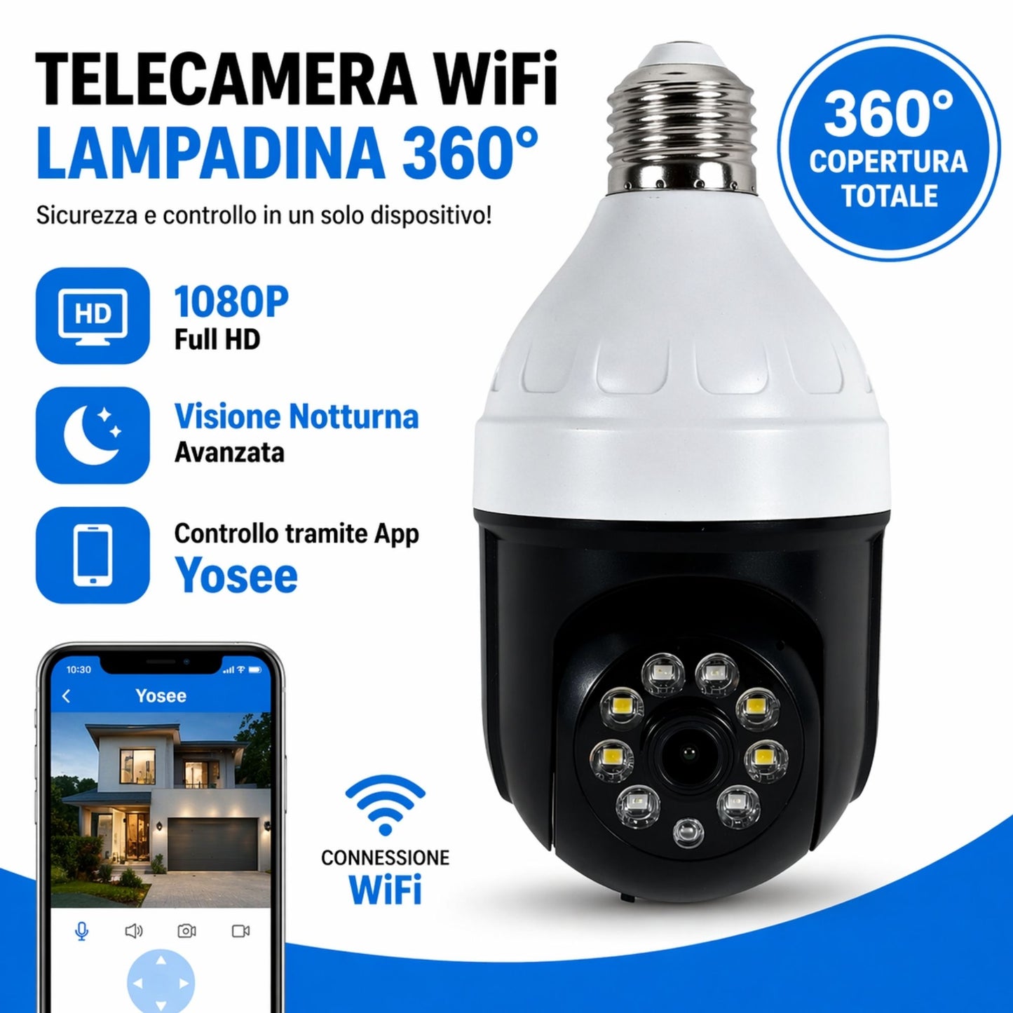 Telecamera WiFi Lampadina 360° 1080P IP Bulb Camera E27 Visione Notturna