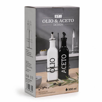 Set Olio Aceto 2 Bottiglie da 500ml con Supporto Metallo Dosatore Cucina Design