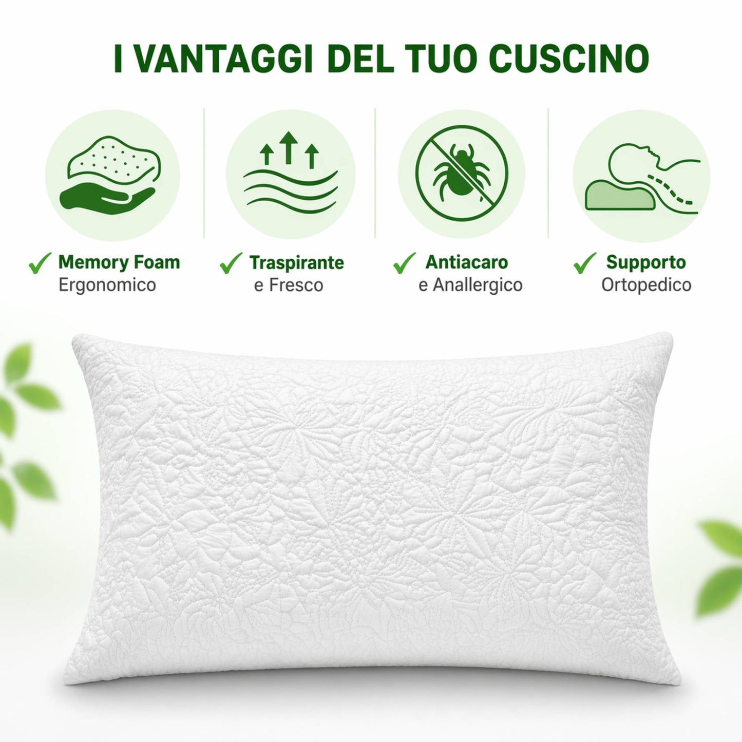 Cuscino Guanciale Ortopedico Fiocco Memory Anallergico Antiacaro 74X42 H 16 cm