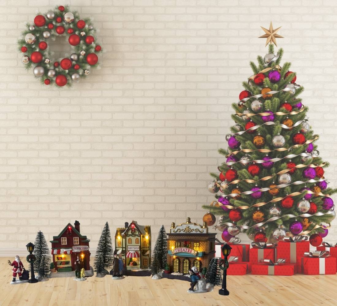 Villaggio Natalizio Casette Personaggi Alberi Natale Scenario 17pz Luci LED