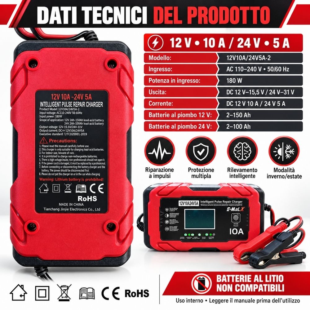 Caricabatteria Auto Moto Mantenitore Carica Professionale 12 / 24V Portatile