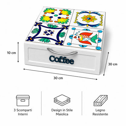 Cassetto Porta Cialde Caffè 3 Scomparti Legno Bianco Maioliche Pesce 30x30x10 cm