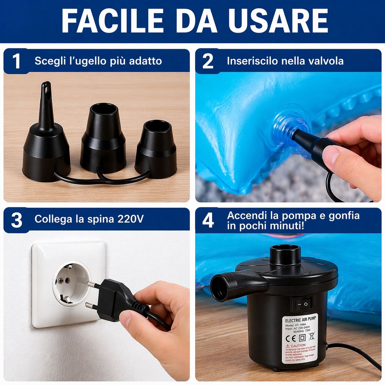 Pompa Elettrica 220V Gonfiabili Piscina Materassini Gommoni Gonfiatore 3 Ugelli