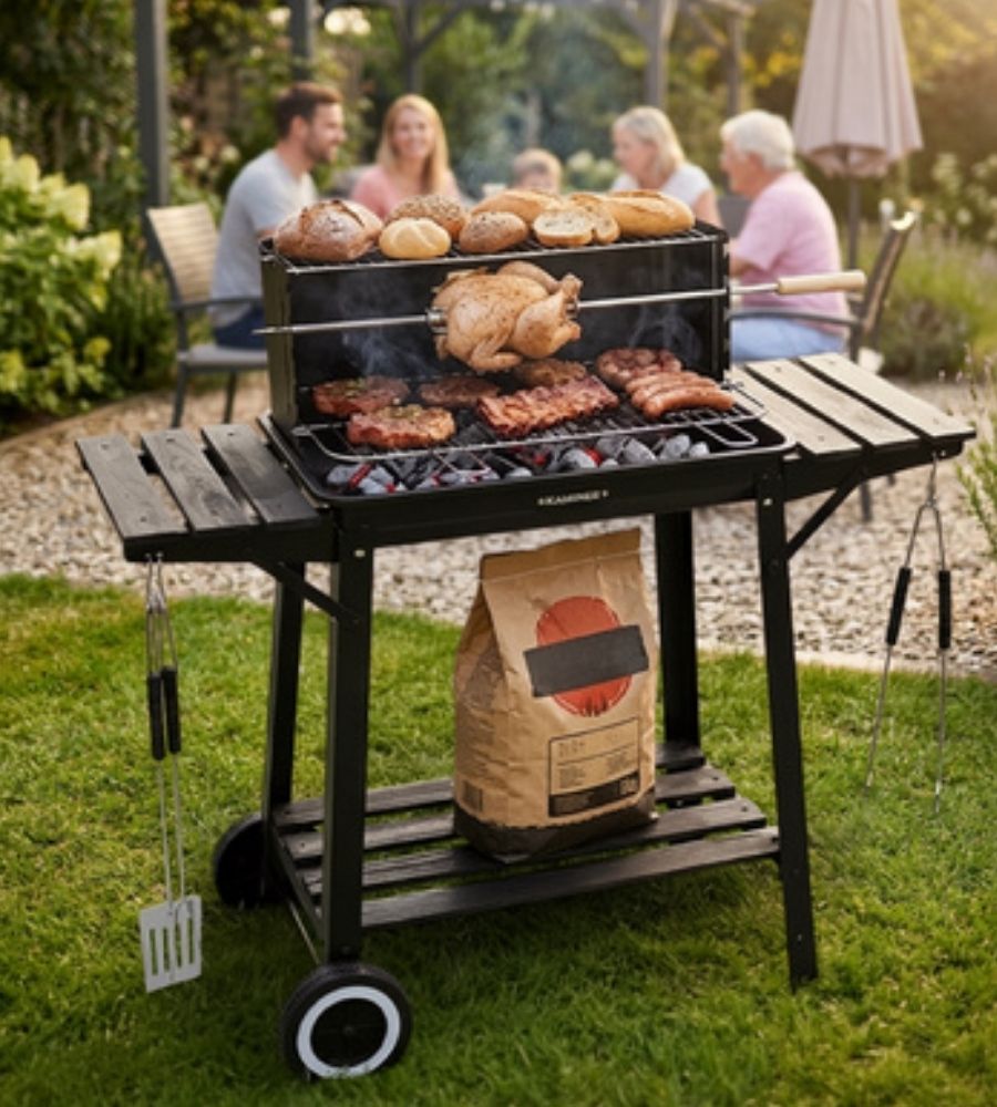 Barbecue a Carbone da Giardino con Girarrosto 93x41x86cm BBQ Grill con Accessori