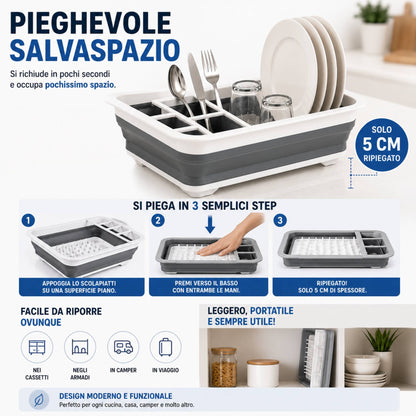 Scolapiatti in Silicone Pieghevole Salvaspazio Portatile per Asciugare Piatti Stoviglie e Posate 30 X 35 12 cm