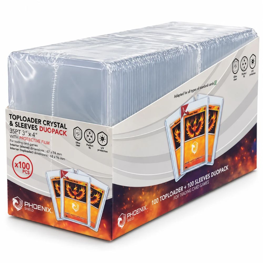 100 Toploader Crystal + 100 Sleeves Proteggi Carte Pokemon TCG Phoenix Shield