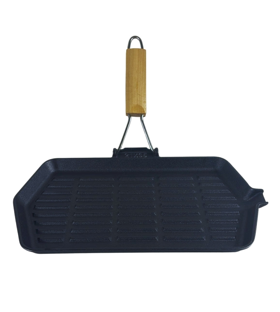 Bistecchiera in Ghisa Rettangolare 35 x 21 cm Antiaderente Manico in Legno
