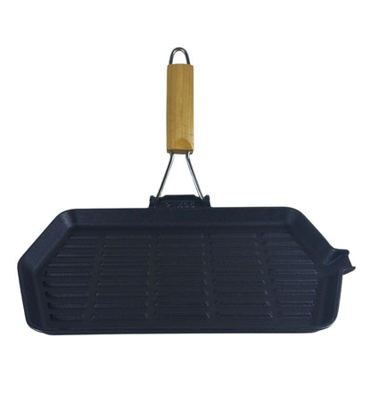 Bistecchiera in Ghisa Rettangolare 35 x 21 cm Antiaderente Manico in Legno