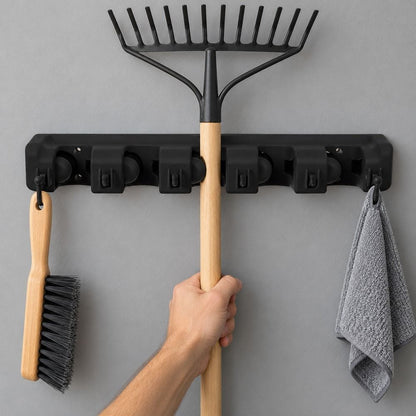 Portascope da Parete 5 Posti 6 Ganci Pieghevoli Portautensili Nero 40,5 cm