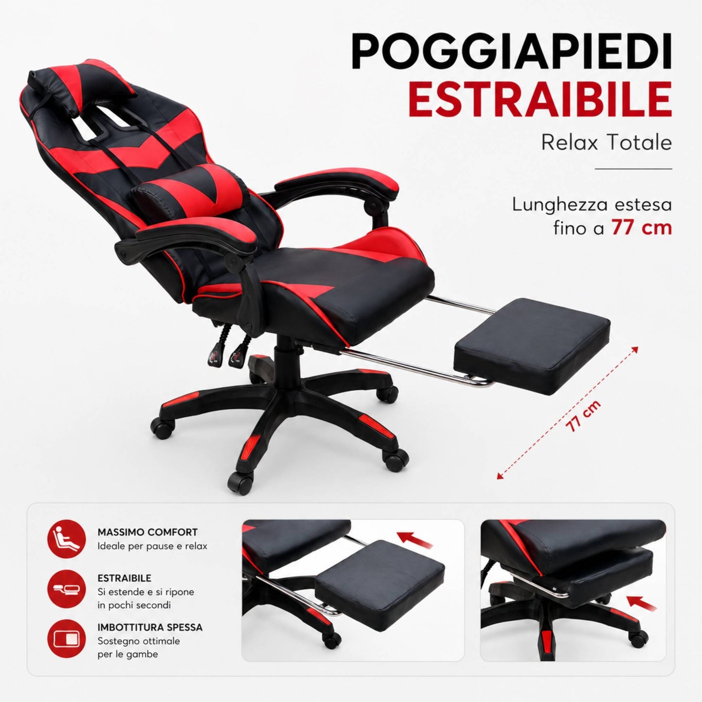 Sedia Gaming Poltrona Scrivania Ufficio Casa Reclinabile Poggiapiedi Red/Black