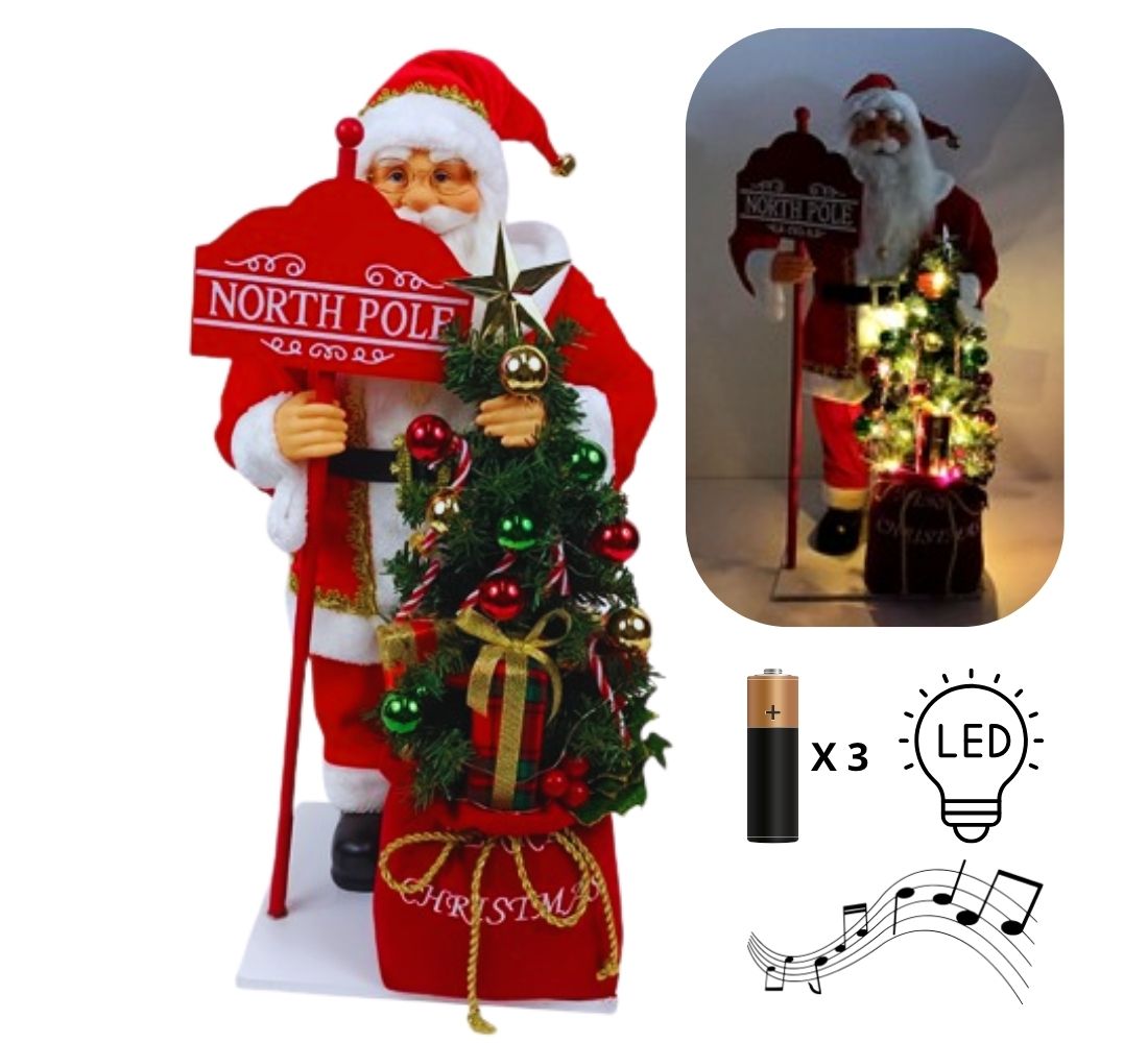 Babbo Natale 65 Cm Con Albero Addobato Luci E Suoni Realistico Statua Natalizia