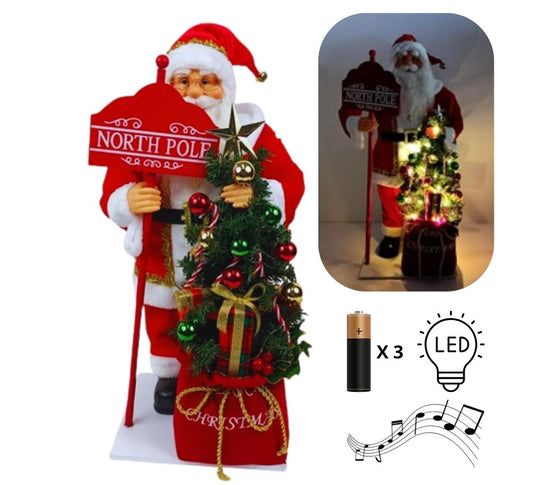 Babbo Natale 65 Cm Con Albero Addobato Luci E Suoni Realistico Statua Natalizia