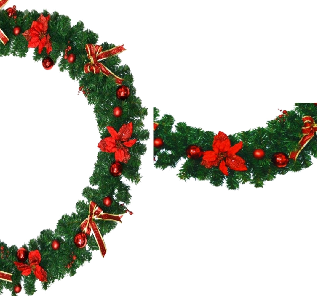 Ghirlanda Addobbata Natalizia Folta 2 Metri Fiocchi e Palline Decorazioni