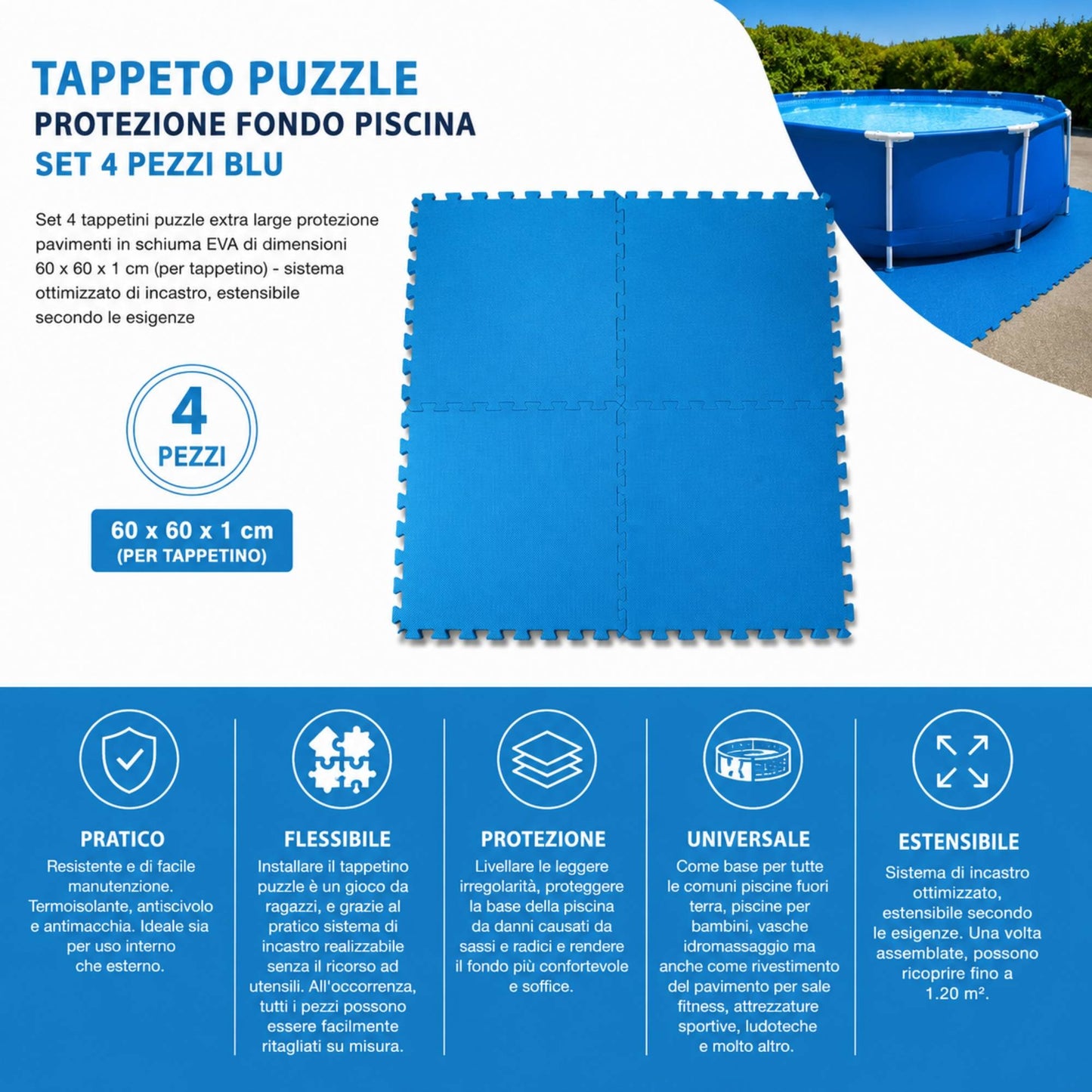 Tappeto Puzzle EVA Fondo Piscina 4 Pezzi 60x60x1 cm Tappetino Antiscivolo Blu