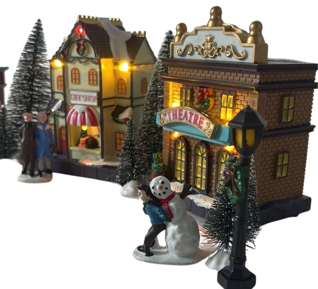 Villaggio Natalizio Casette Personaggi Alberi Natale Scenario 17pz Luci LED