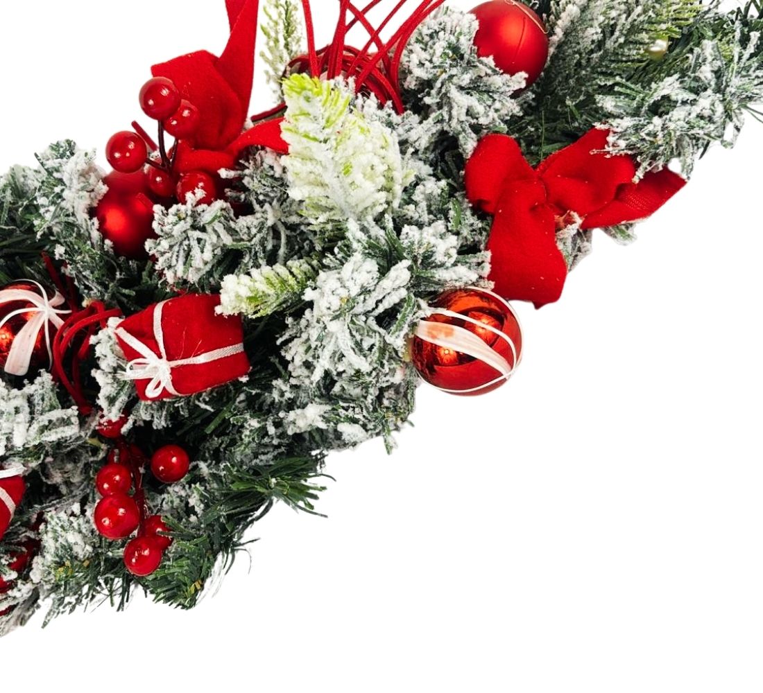 Ghirlanda Natalizia Cornicione Decorato Innevato Fiocco Palline 80 cm Natale