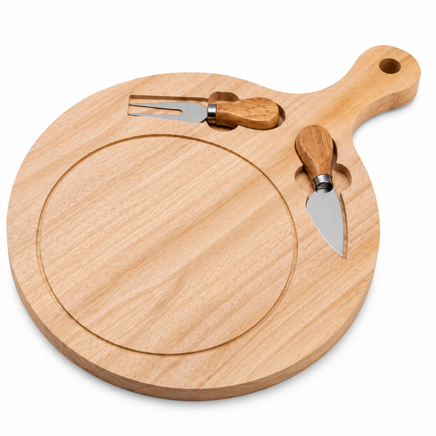 Tagliere Tondo Legno 29,5 cm con 2 Coltelli Formaggio Salumi Aperitivo