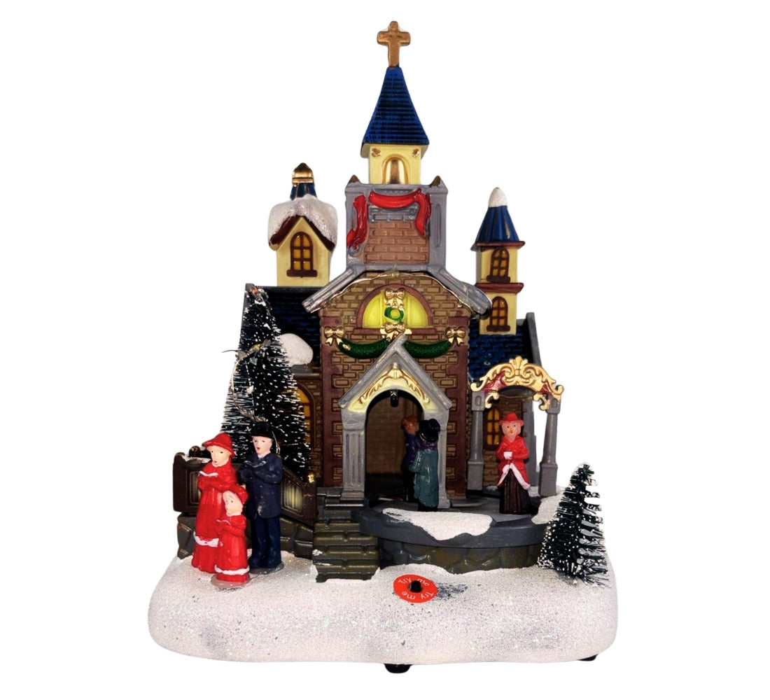 Giostrina Natalizia Chiesa con Personaggi in Movimento Luci LED Musica di Natale